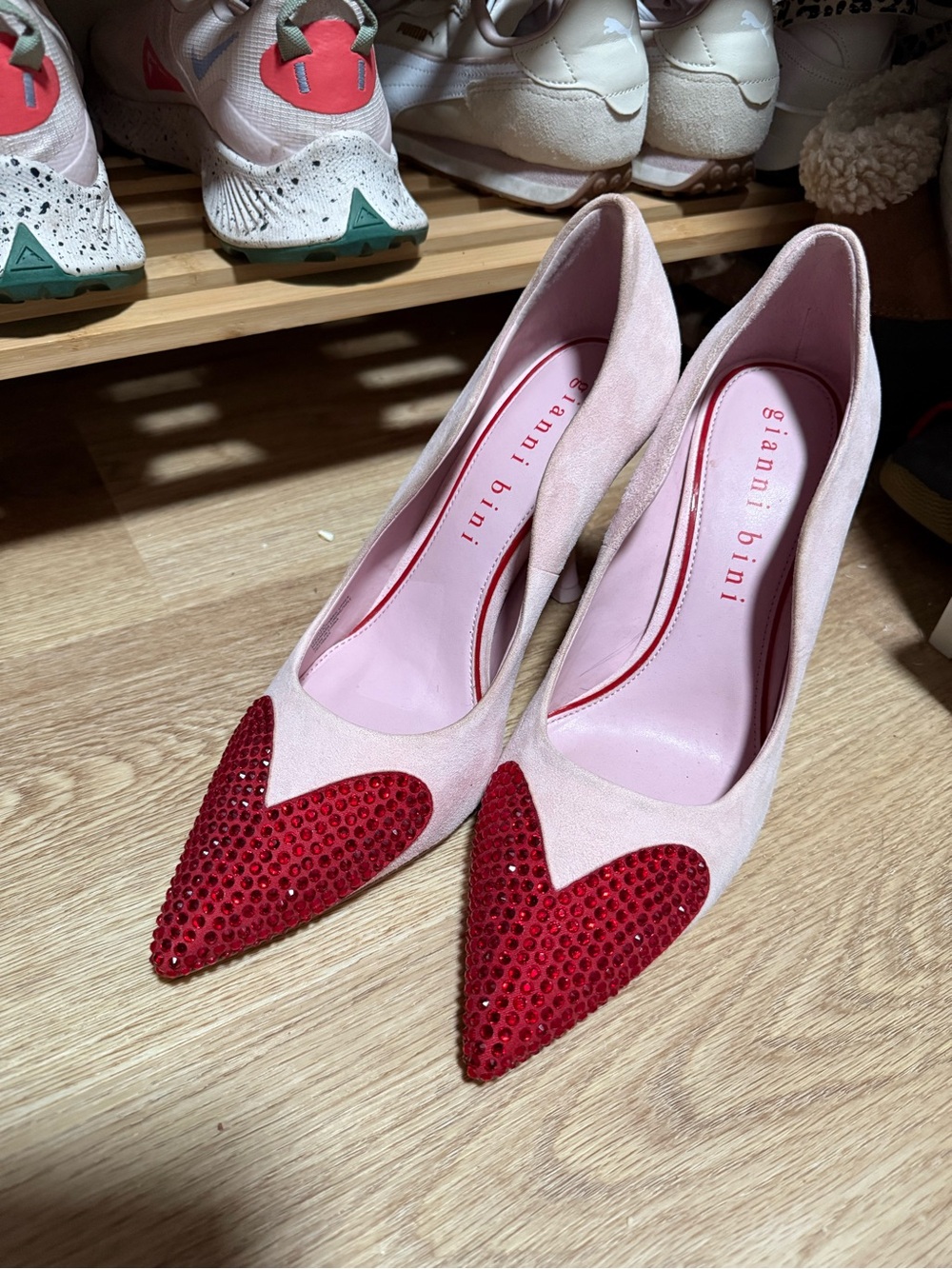 Gianni Bini Pink Suede Pumps with Red Crystal Heart Toe Embellishment